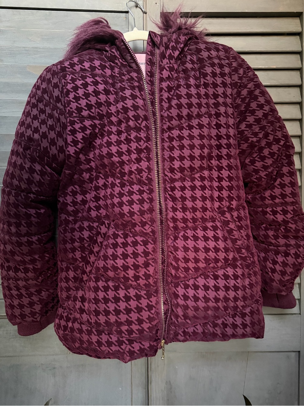 Girl's Burgundy Houndstooth Puffer Jacket with Faux Fur Trim | Size 10/12 - Picture 2 of 10